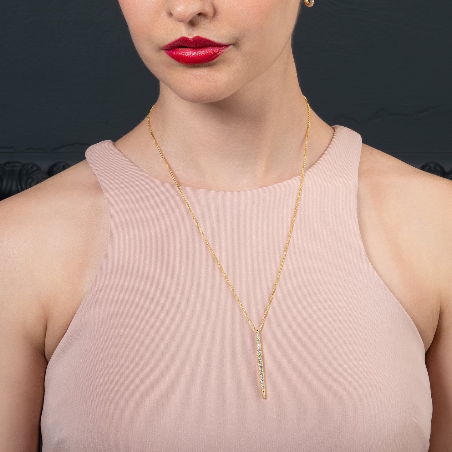 Gold Plated Long Bar Pendant Necklace for Women