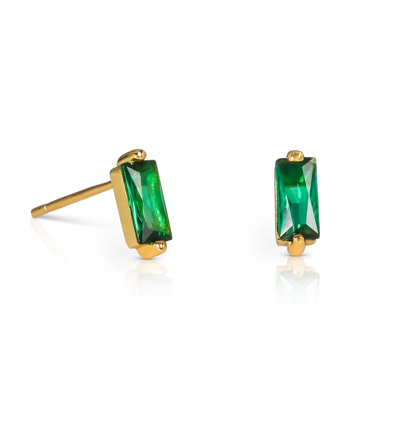 Dainty Gold plated Green Baguette Stud Earrings in 925 Sterling Silver For Women