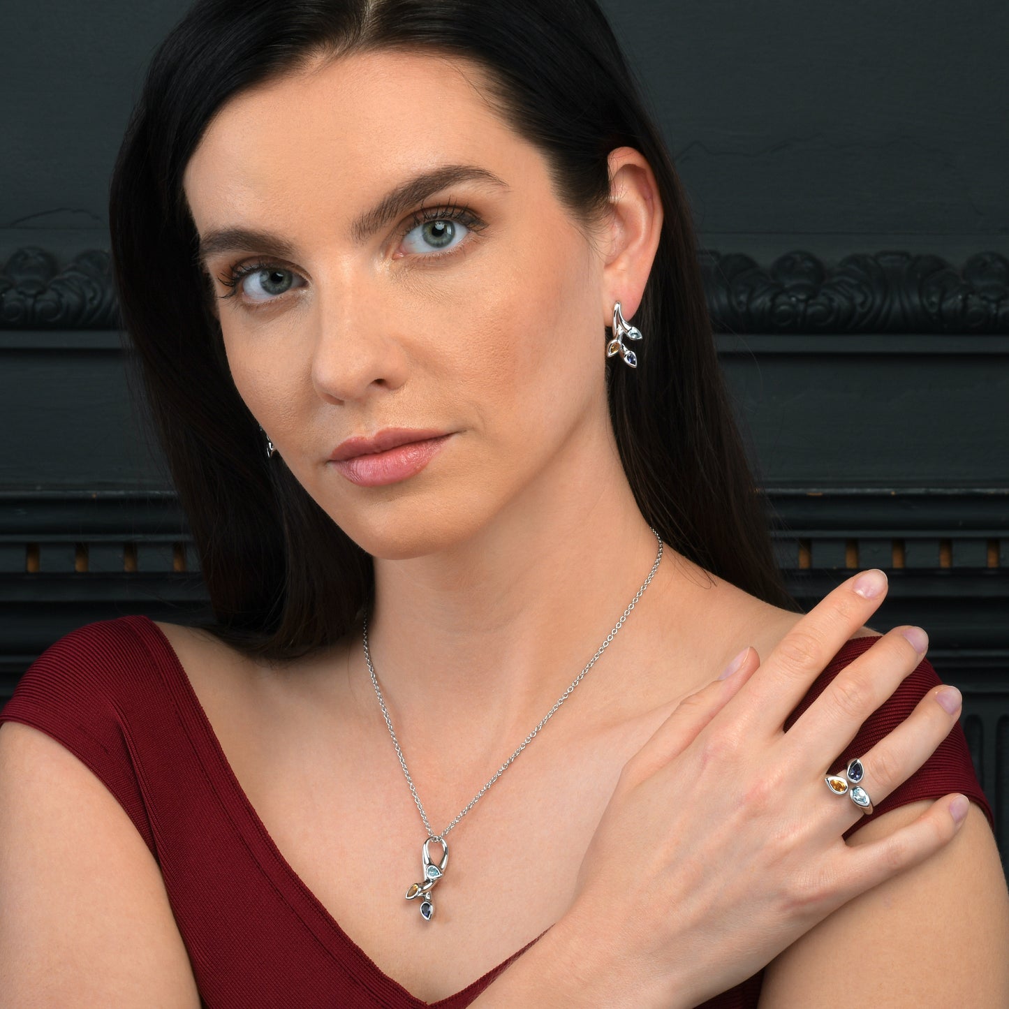 925 Sterling Silver Wide Ring for Women with Iolite, Blue Topaz and Citrine Gemstones