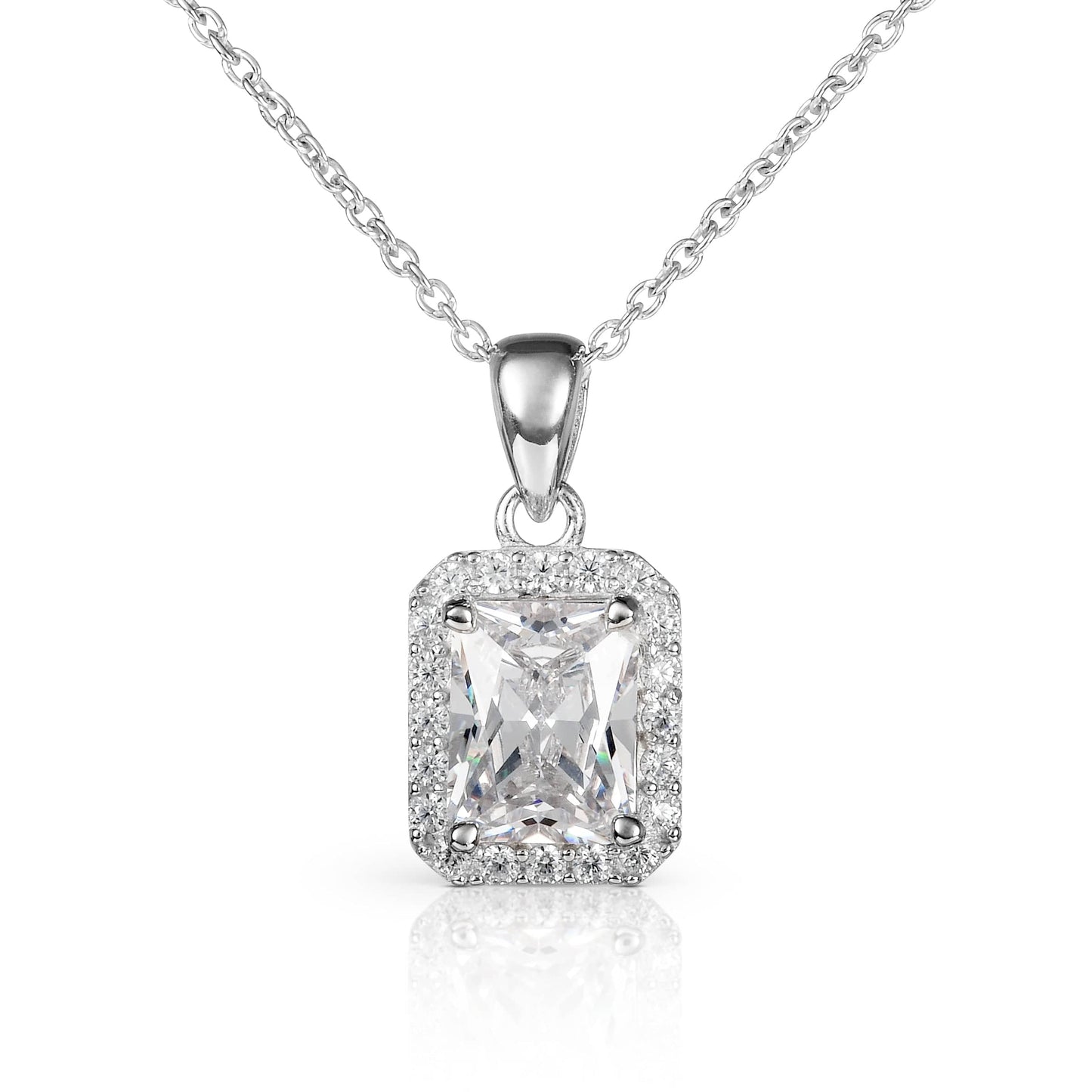 925 Sterling Silver Emerald Cut White Halo Pendant Necklace For Women