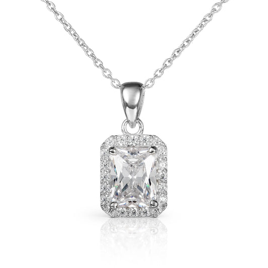 925 Sterling Silver Emerald Cut White Halo Pendant Necklace For Women