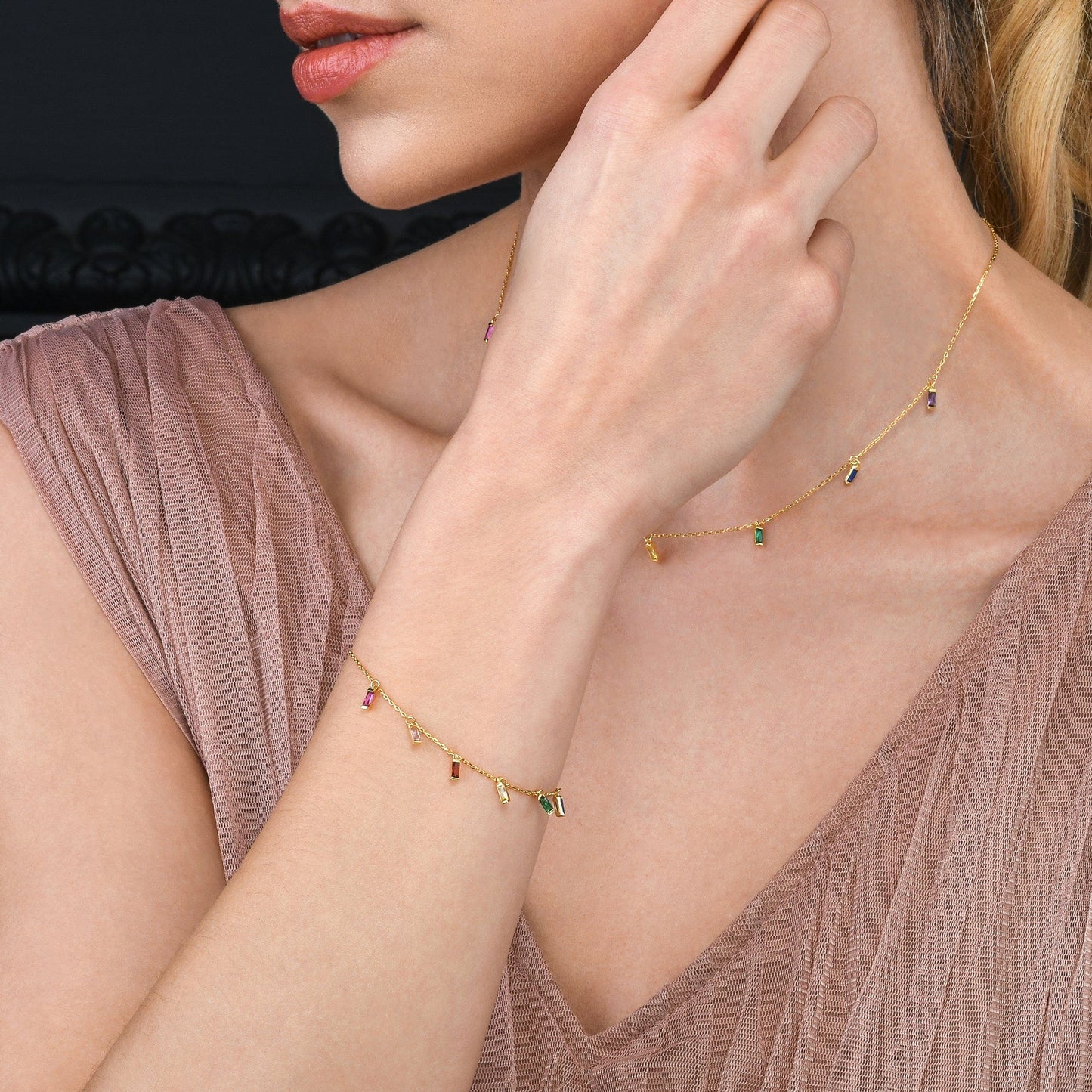 Gold Plated 925 Sterling Silver Rainbow Coloured Charm Bracelet for Women