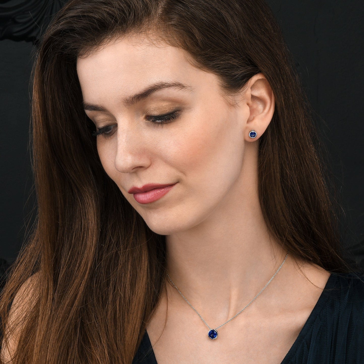 925 Sterling Silver Dark Blue Solitaire Bezel Set Stud Earrings for Women