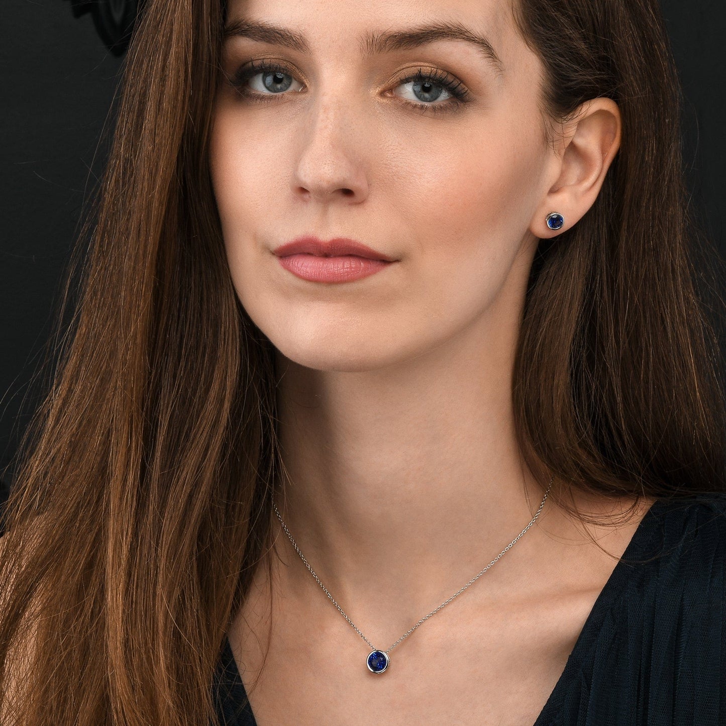 925 Sterling Silver Dark Blue Solitaire Bezel Set Pendant Necklace for Women