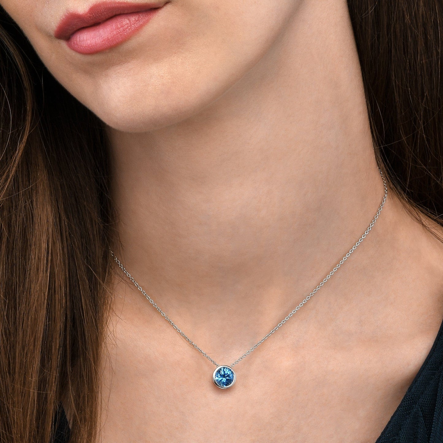 925 Sterling Silver Light Blue Solitaire Bezel Set Pendant Necklace for Women