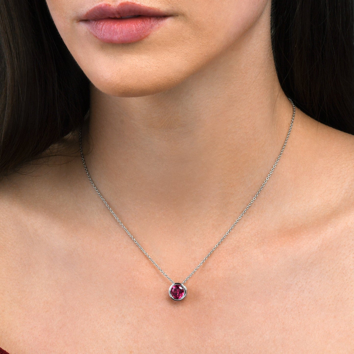 925 Sterling Silver Red Solitaire Bezel Set Pendant Necklace for Women