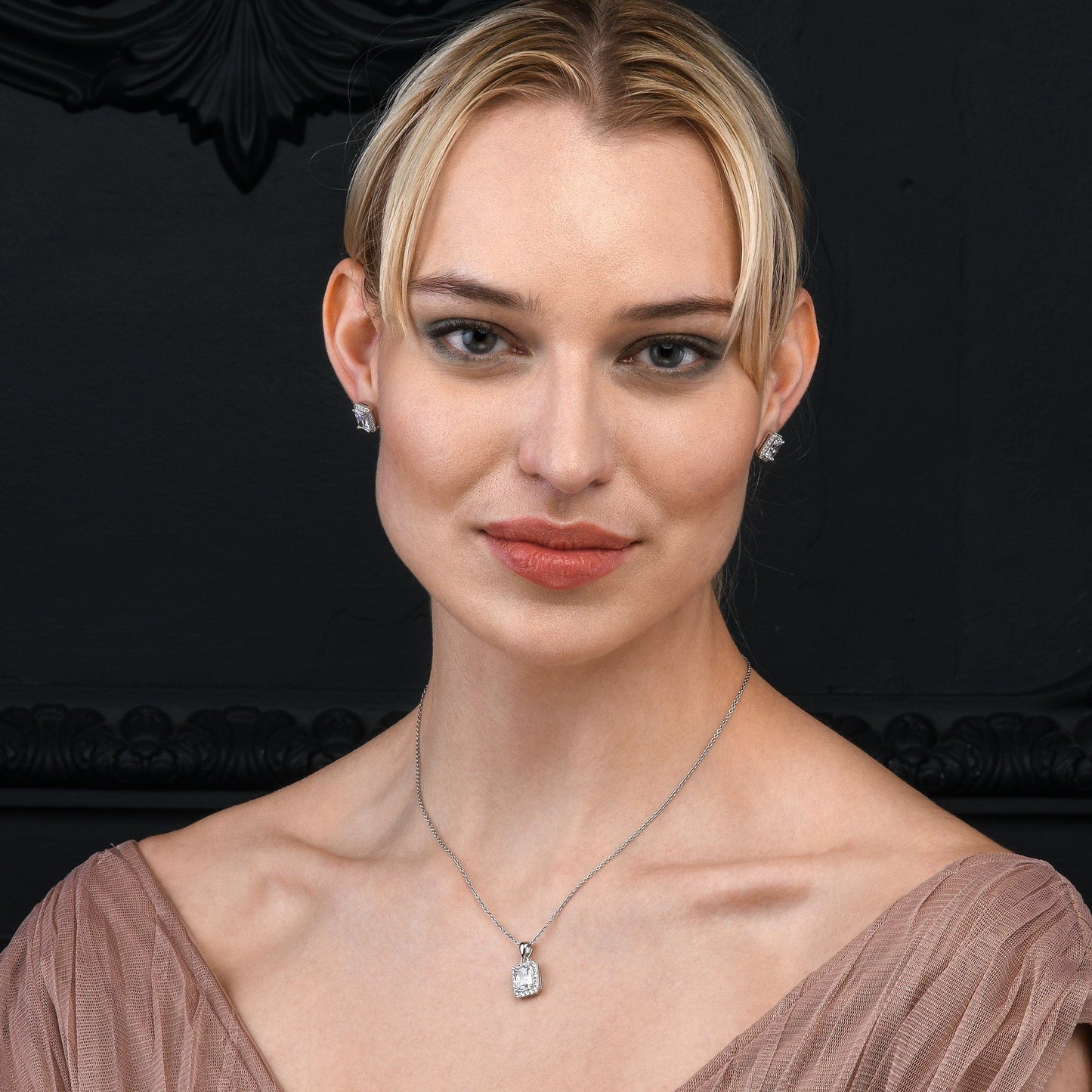 925 Sterling Silver Emerald Cut White Halo Pendant Necklace For Women