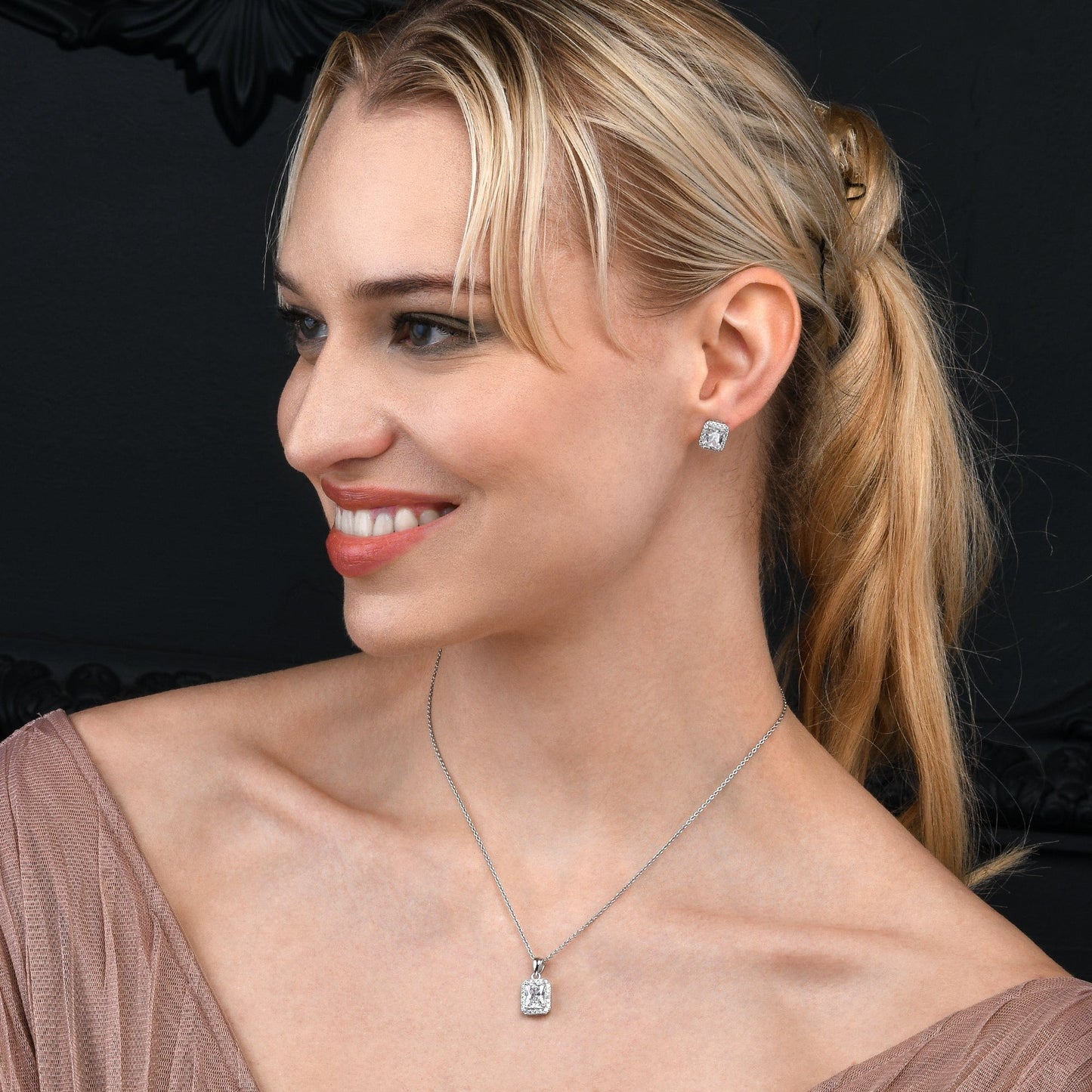 925 Sterling Silver Emerald Cut White Halo Pendant Necklace For Women