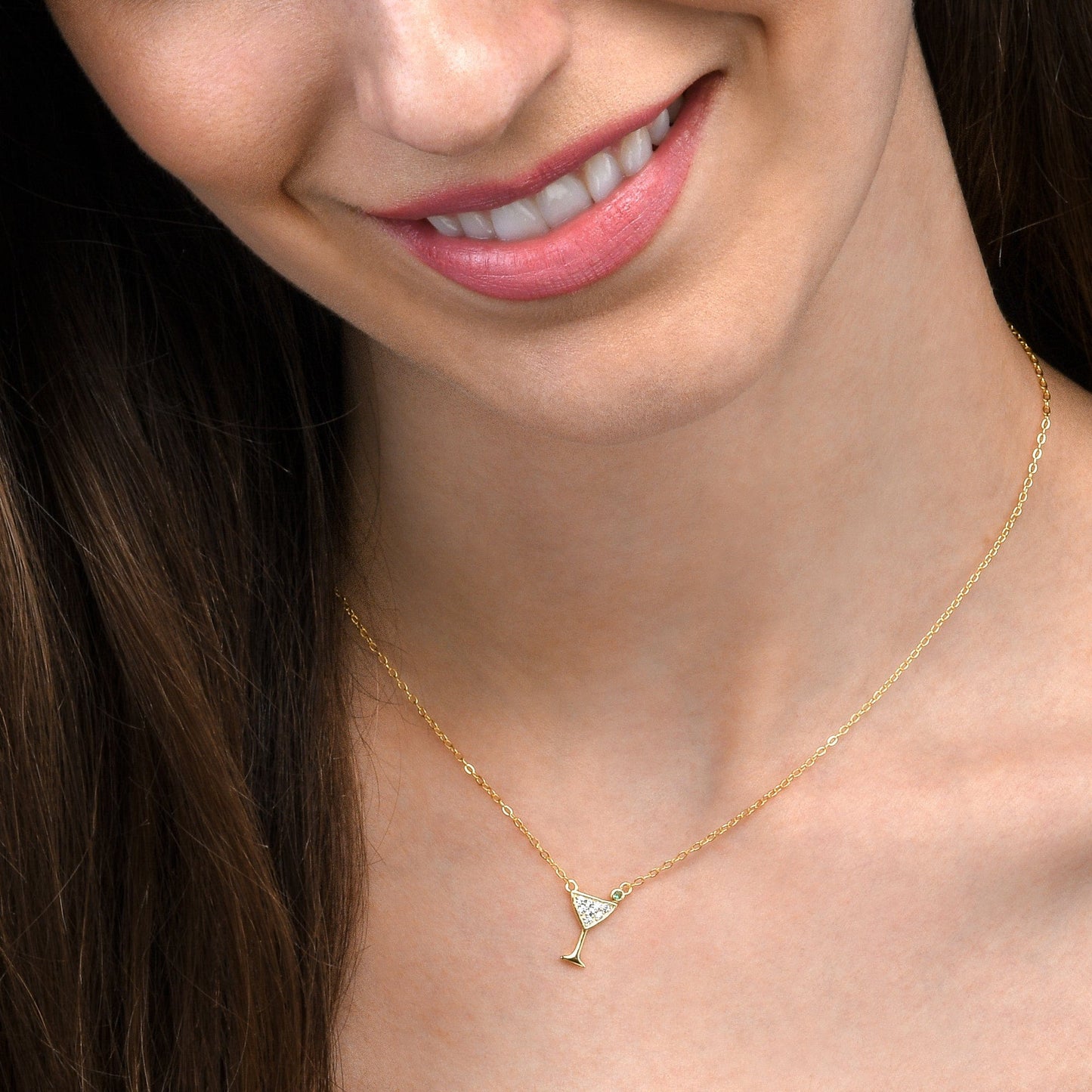 Gold Plated Sterling Silver Cocktail Glass Pendant Necklace with Cubic Zirconia