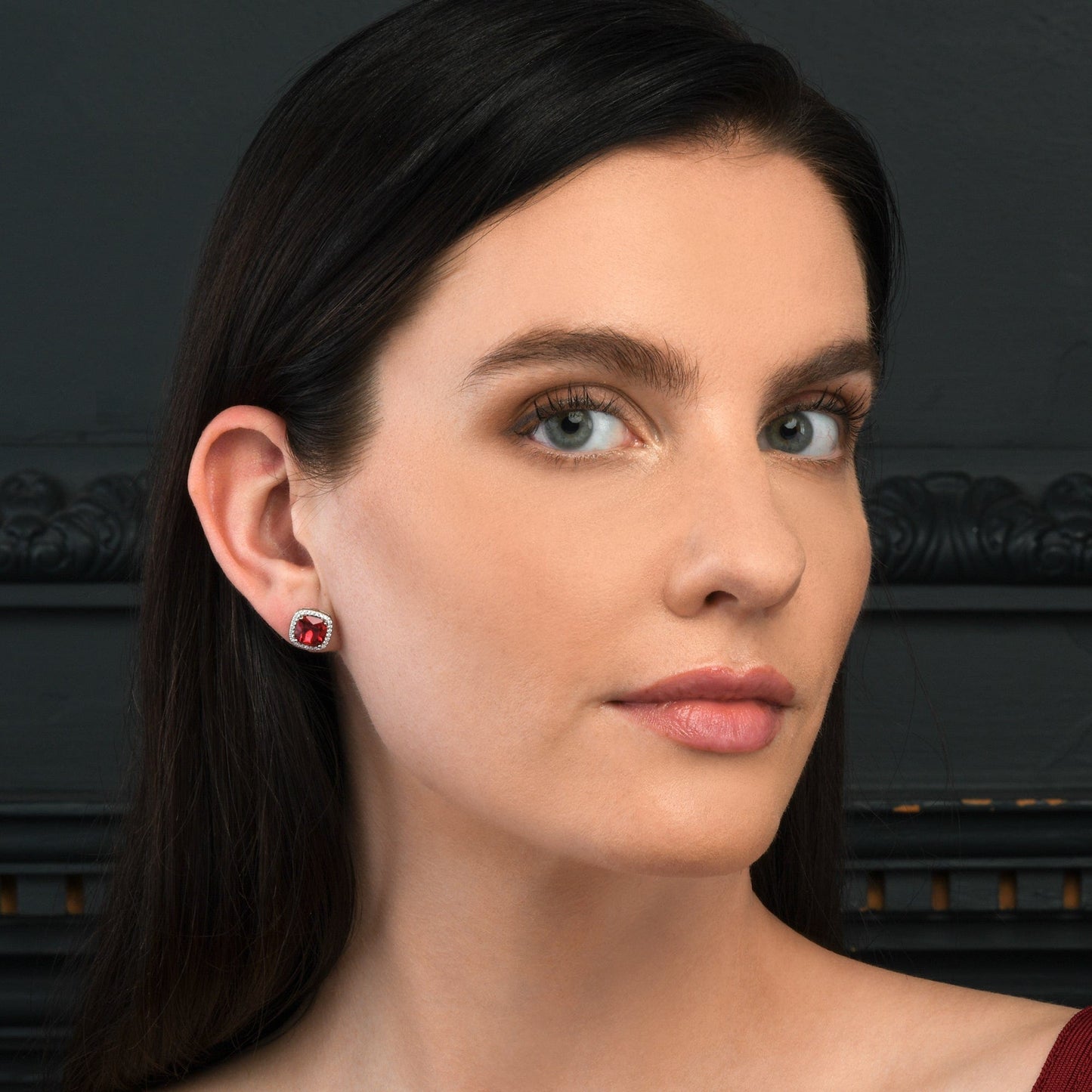 925 Sterling Silver Cushion Shaped Red Halo Stud Earrings for Women