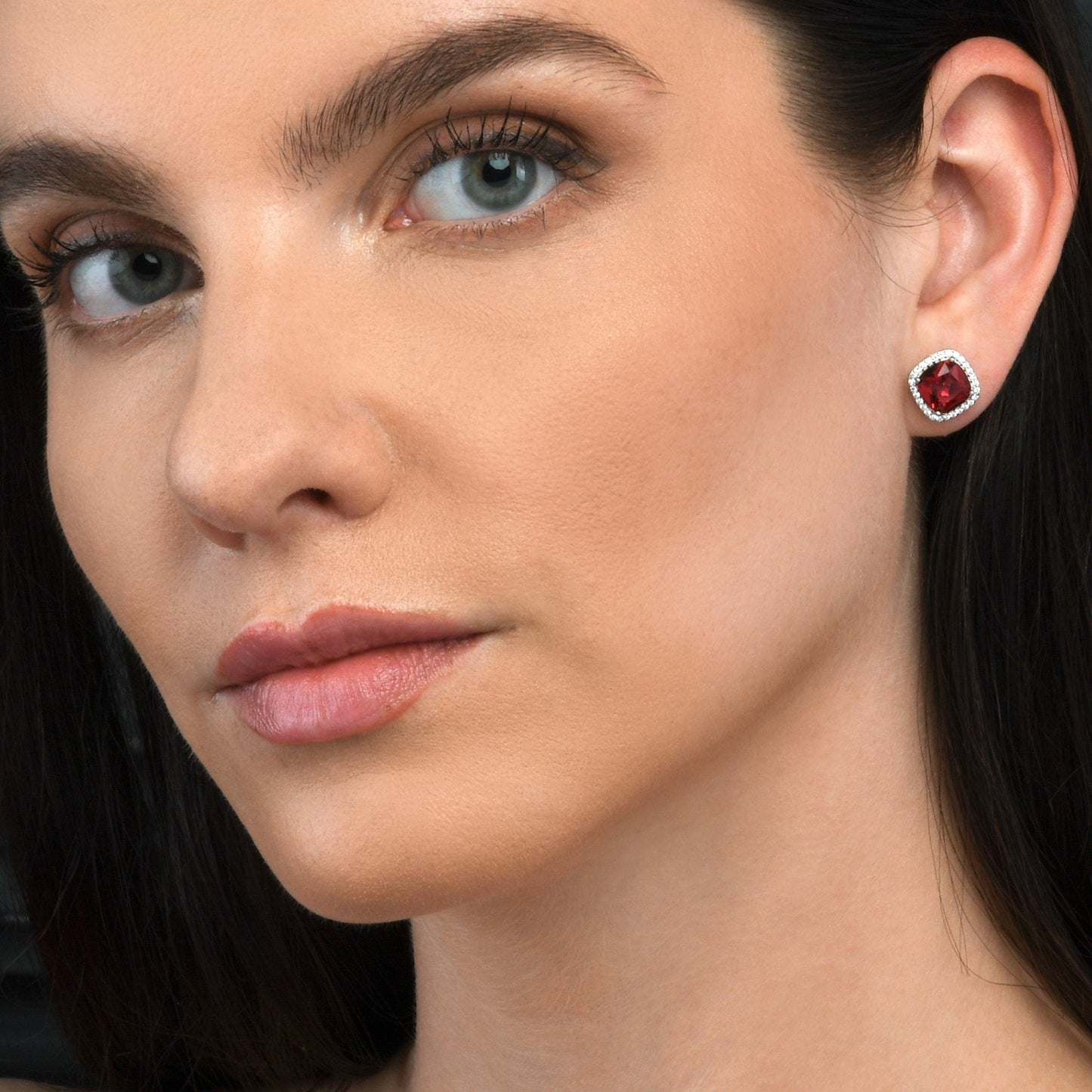 925 Sterling Silver Cushion Shaped Red Halo Stud Earrings for Women