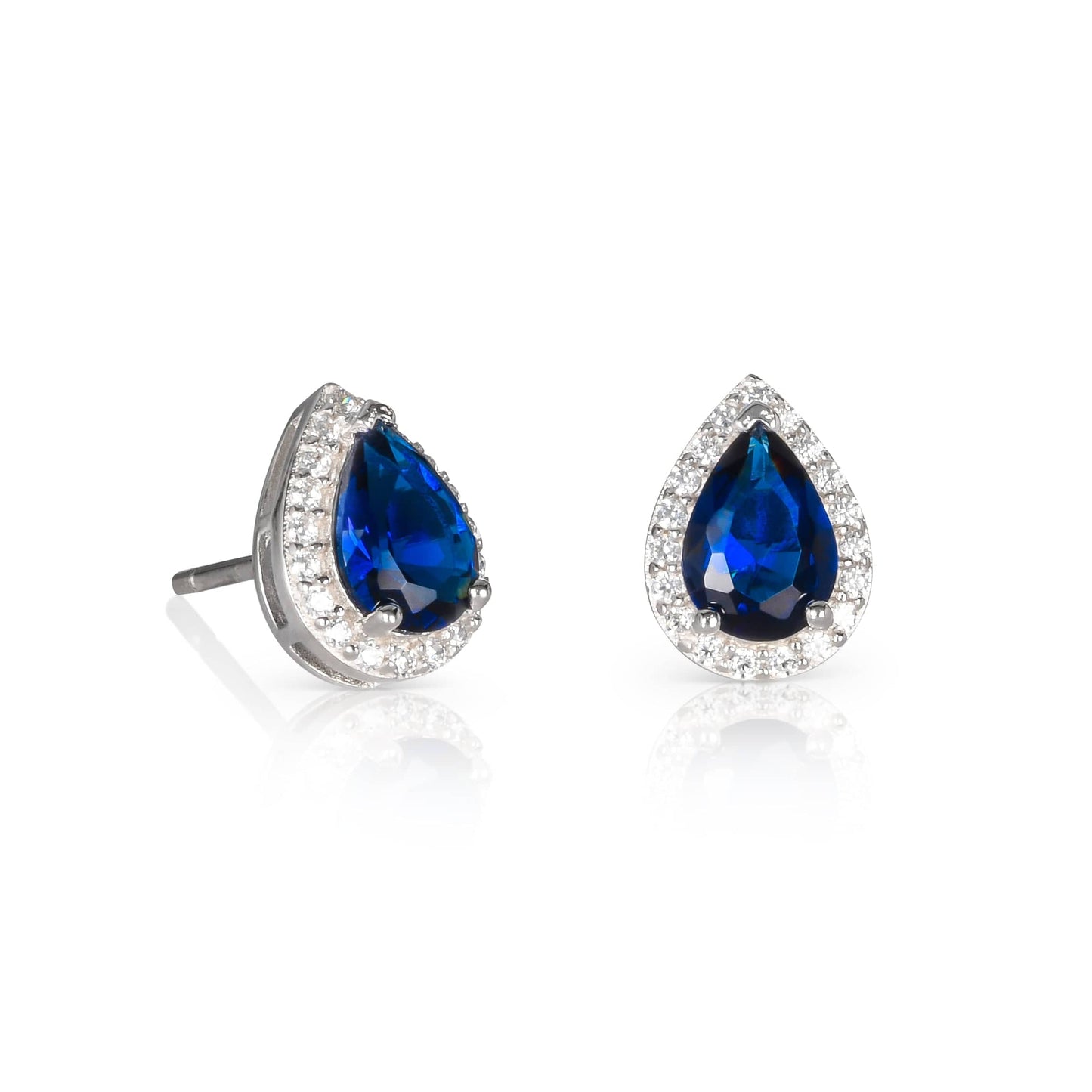 925 Sterling Silver Pear Shaped Blue Halo Stud Earrings For Women