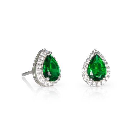 925 Sterling Silver Pear Shaped Green Halo Stud Earrings For Women
