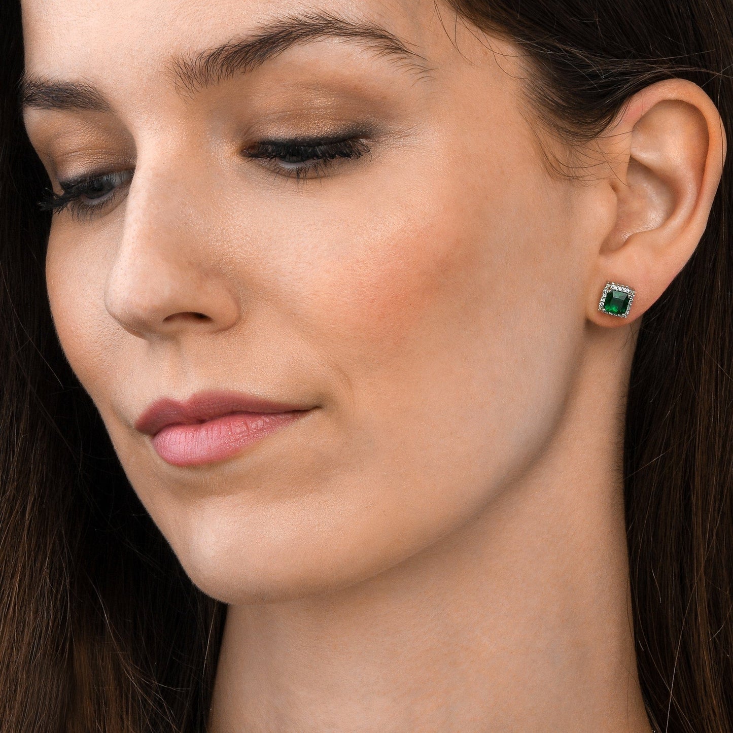 925 Sterling Silver Square Shaped Green Halo Stud Earrings for Women
