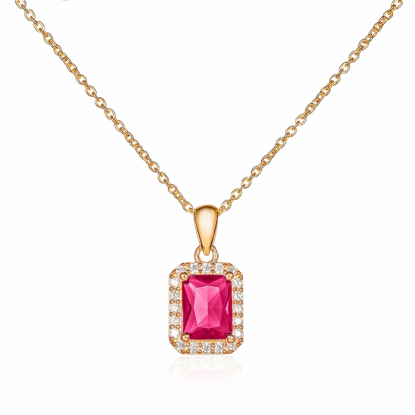 Gold Plated 925 Sterling Silver Red Rectangle Halo Pendant Necklace For Women