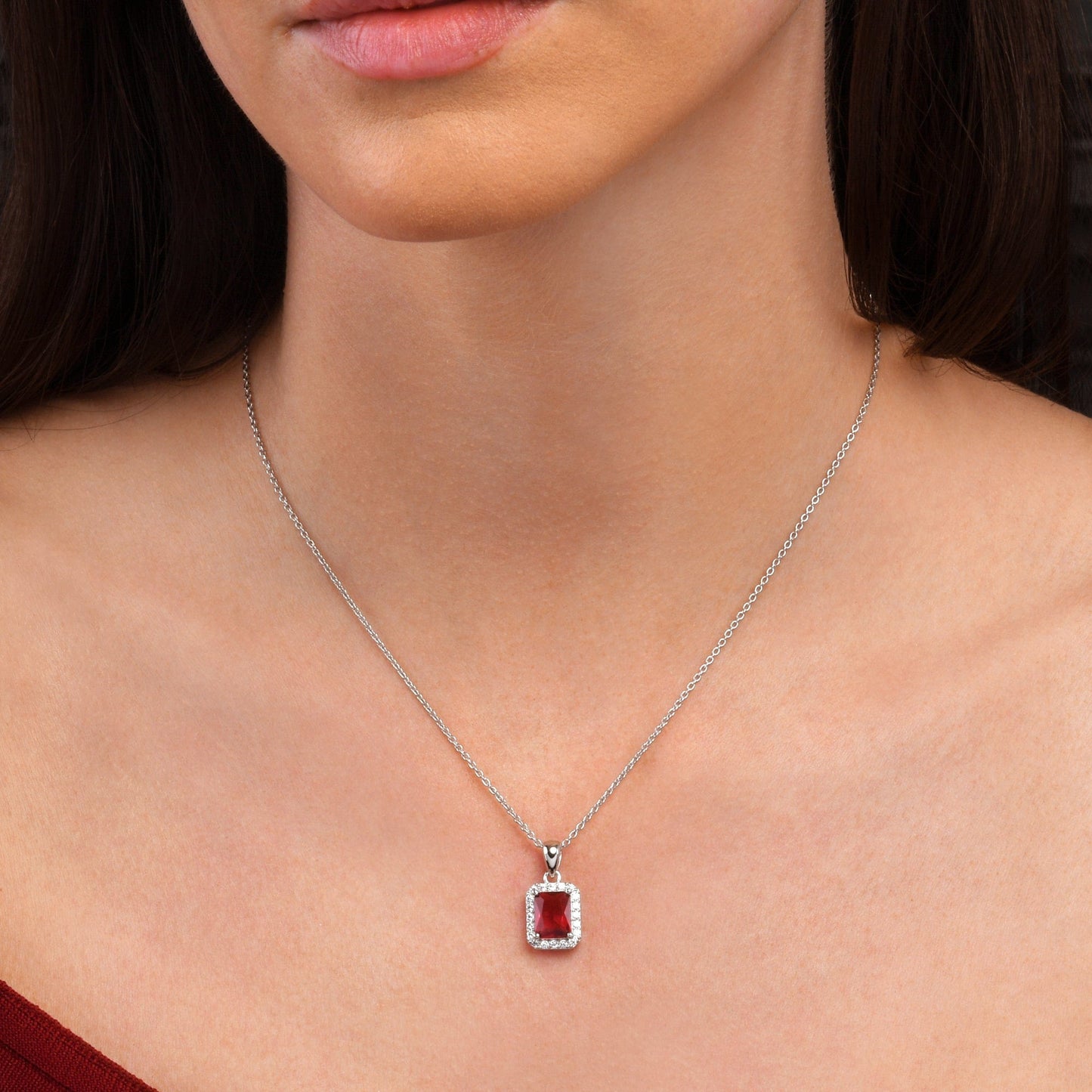 925 Sterling Silver Emerald Cut Red Halo Pendant Necklace For Women