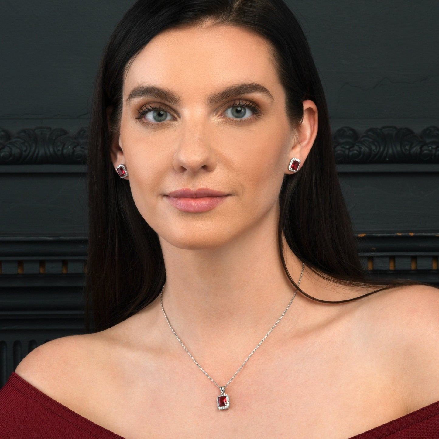 925 Sterling Silver Emerald Cut Red Halo Pendant Necklace For Women