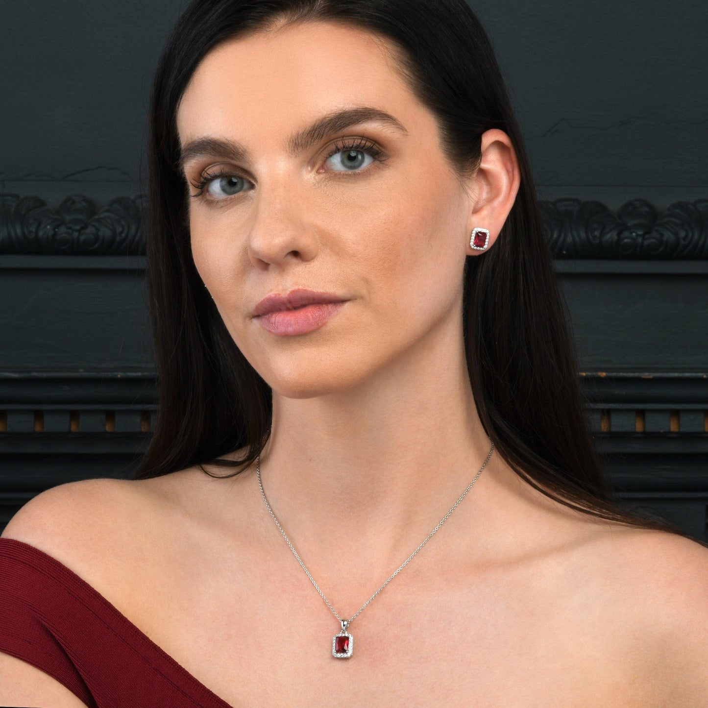 925 Sterling Silver Emerald Cut Red Halo Pendant Necklace For Women