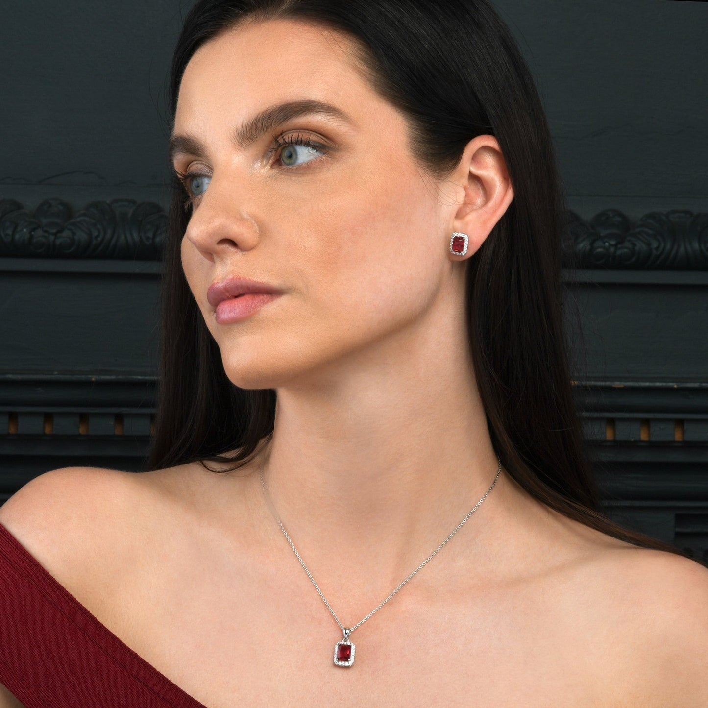 925 Sterling Silver Emerald Cut Red Halo Pendant Necklace For Women