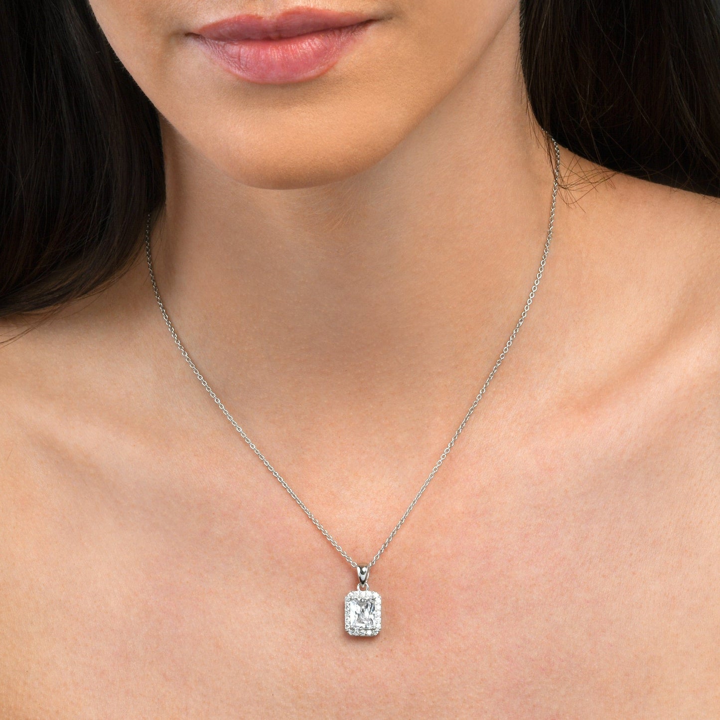 925 Sterling Silver Emerald Cut White Halo Pendant Necklace For Women