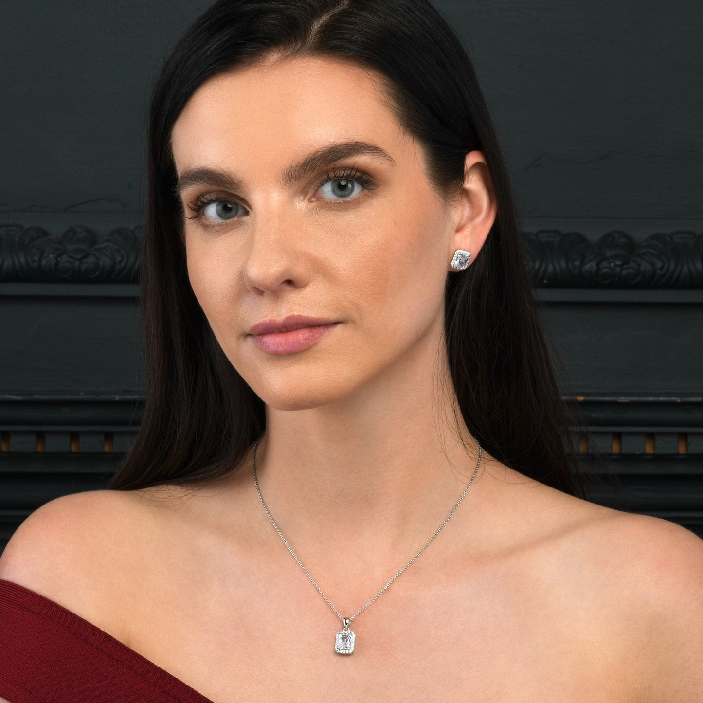 925 Sterling Silver Emerald Cut White Halo Pendant Necklace For Women