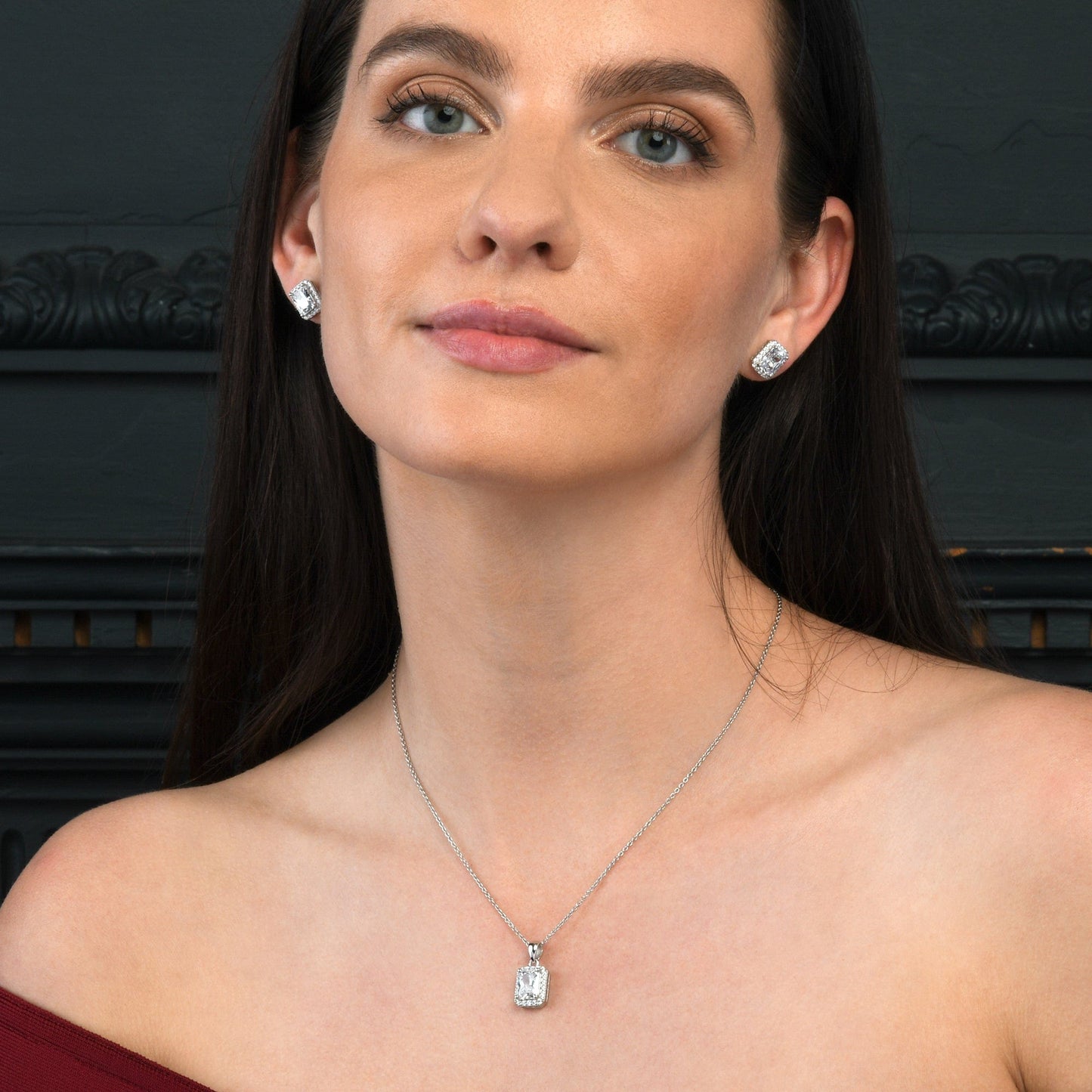 925 Sterling Silver Emerald Cut White Halo Pendant Necklace For Women