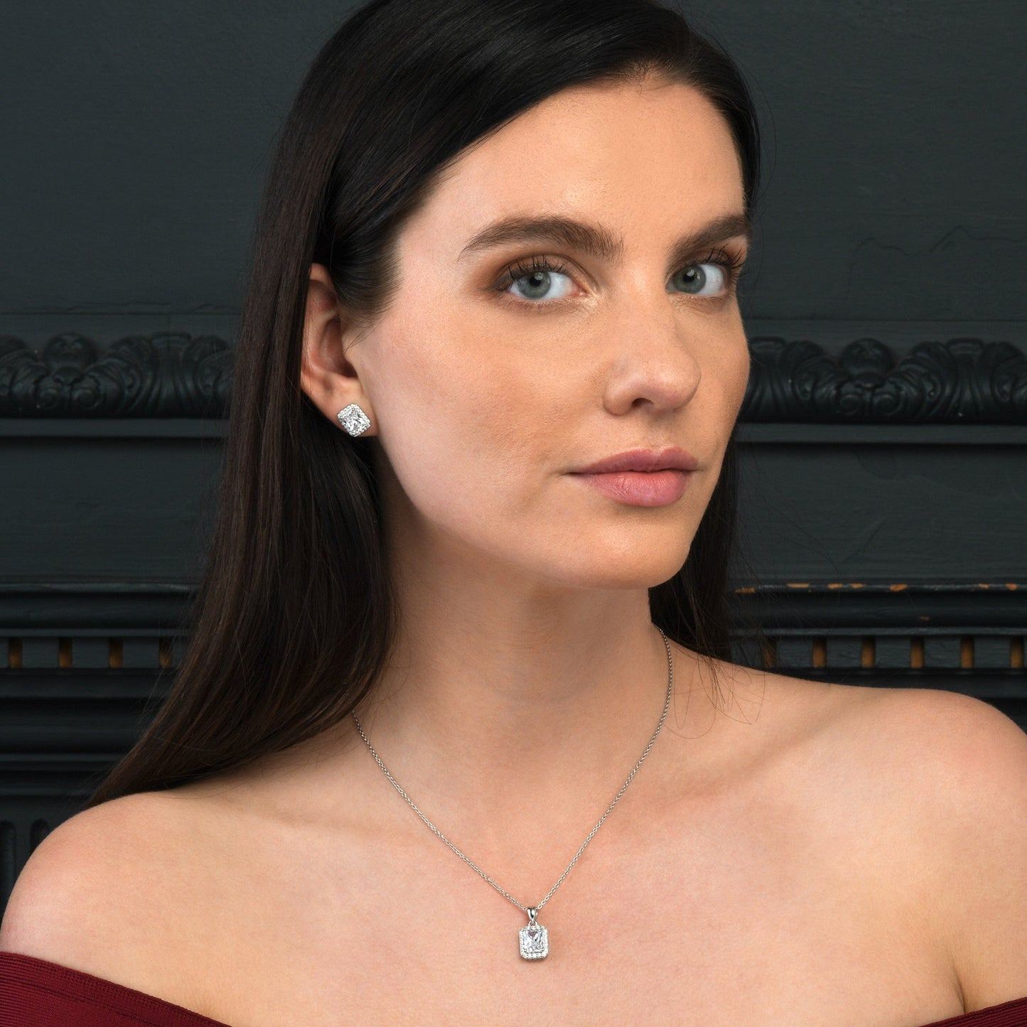 925 Sterling Silver Emerald Cut White Halo Pendant Necklace For Women