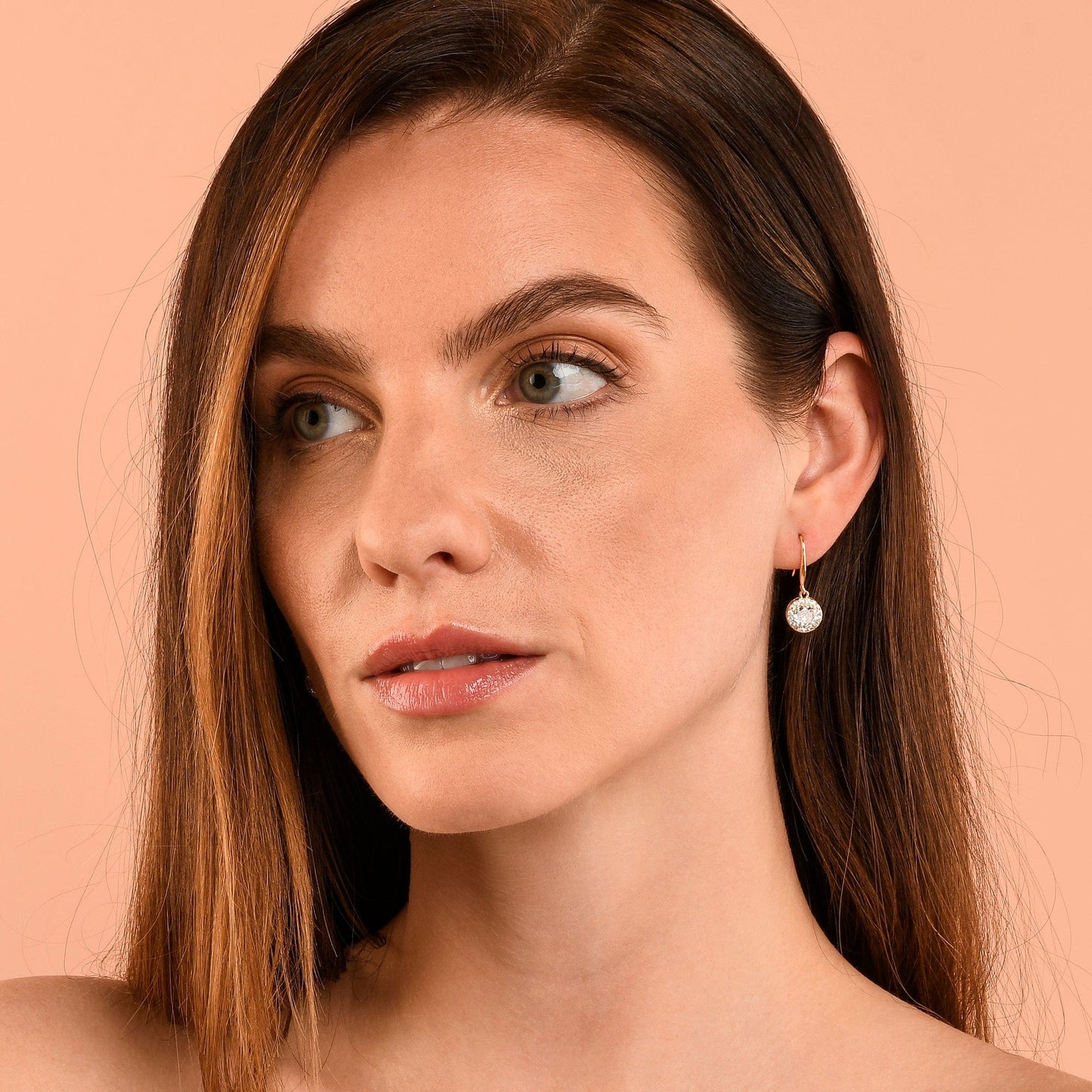 Gold Plated Round Halo Drop Earrings with Clear Cubic Zirconia Stones for women