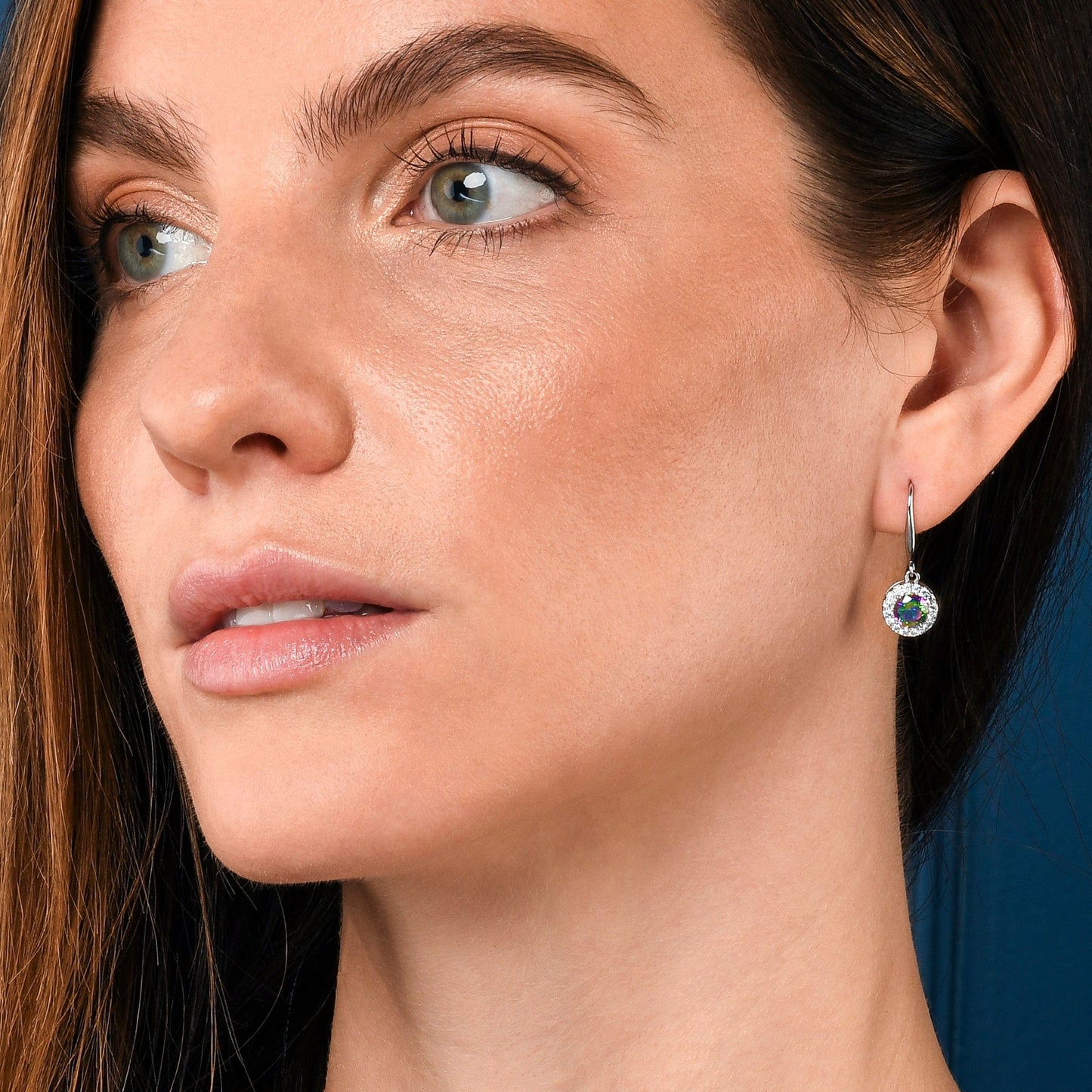 Silver Round Halo Drop Earrings with Mystic Cubic Zirconia Stones for women