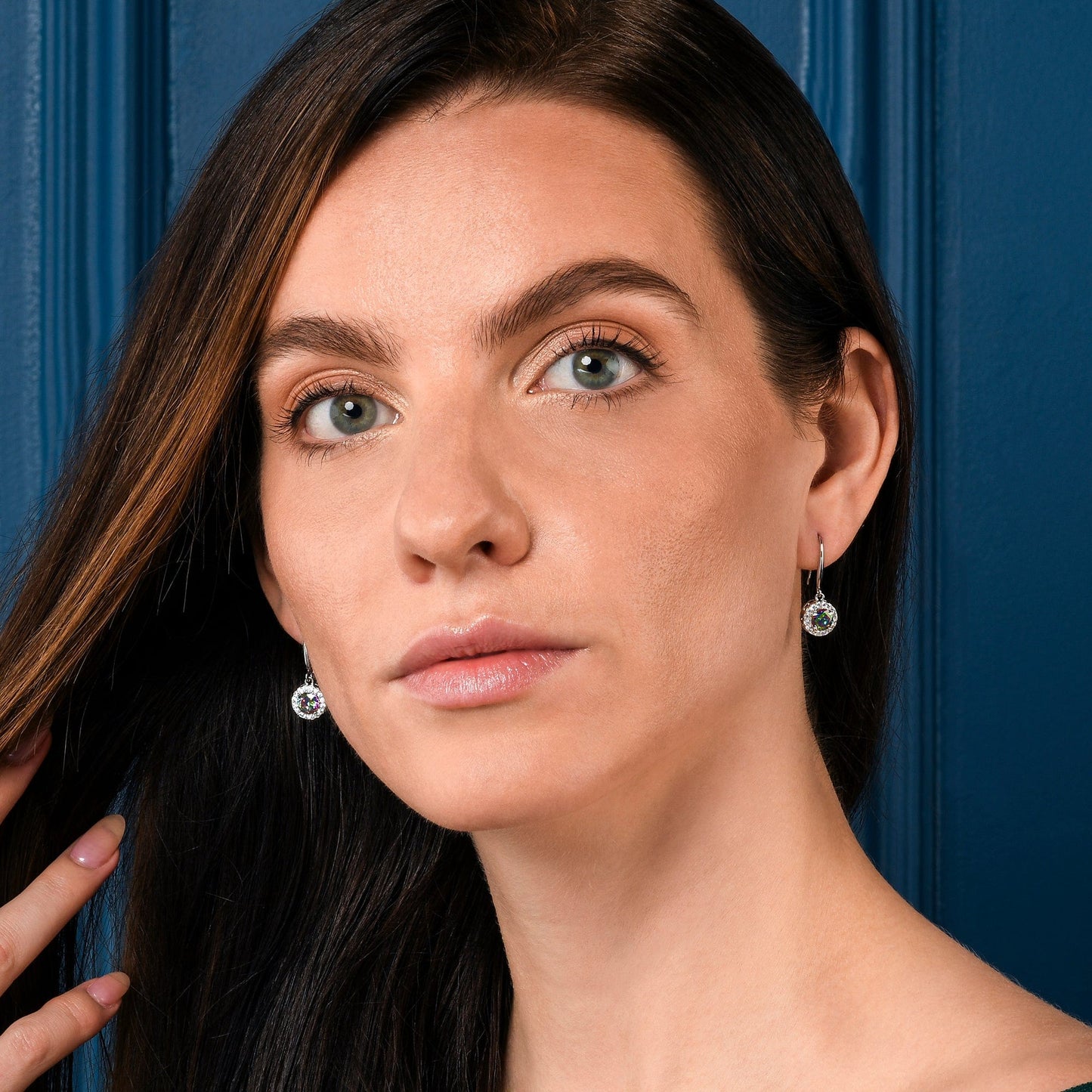 Silver Round Halo Drop Earrings with Mystic Cubic Zirconia Stones for women