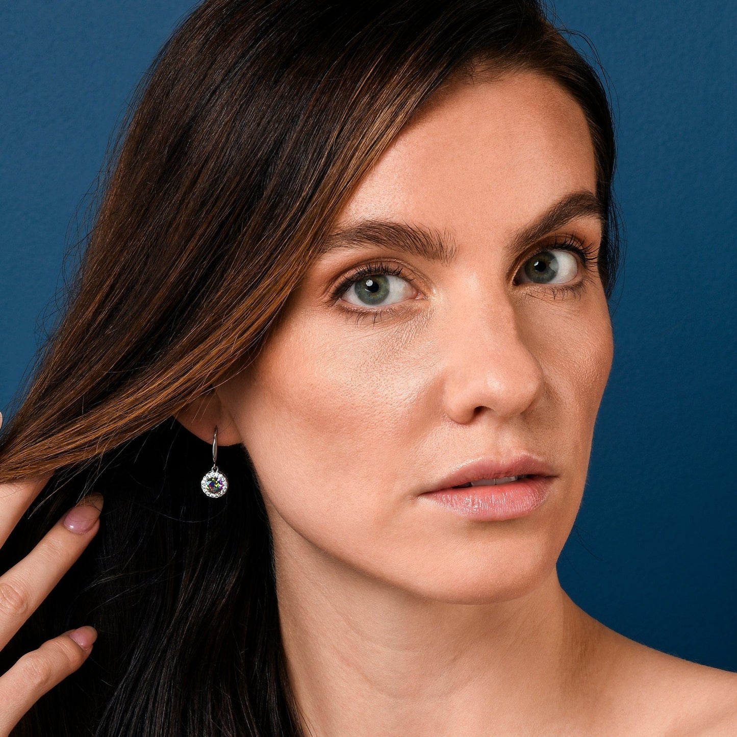 Silver Round Halo Drop Earrings with Mystic Cubic Zirconia Stones for women