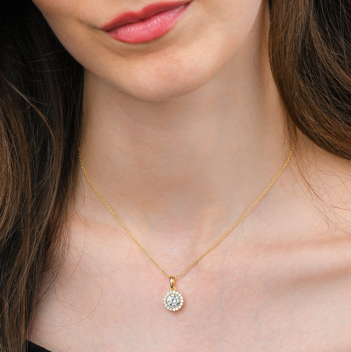 Gold Plated 925 Sterling Silver Round Halo Pendant Necklace For Women