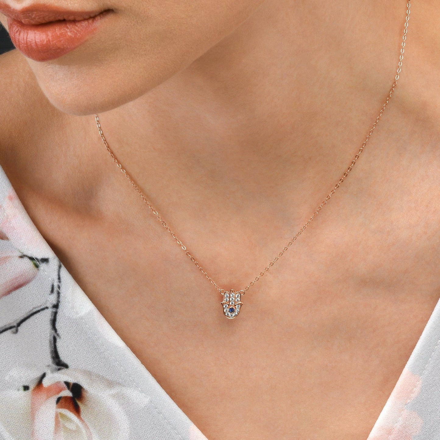 Rose Gold Plated 925 Sterling Silver Hamza Pendant Necklace for Women
