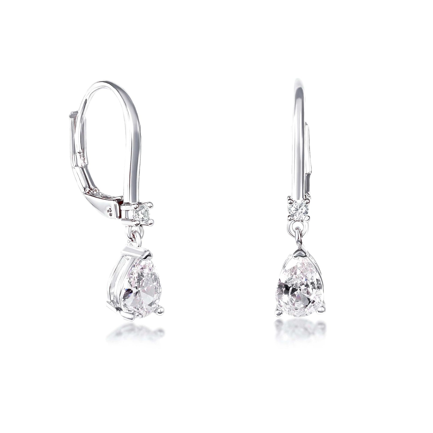 Silver Small Pear Shaped Clear Cubic Zirconia Leverback Drop Earrings For Women