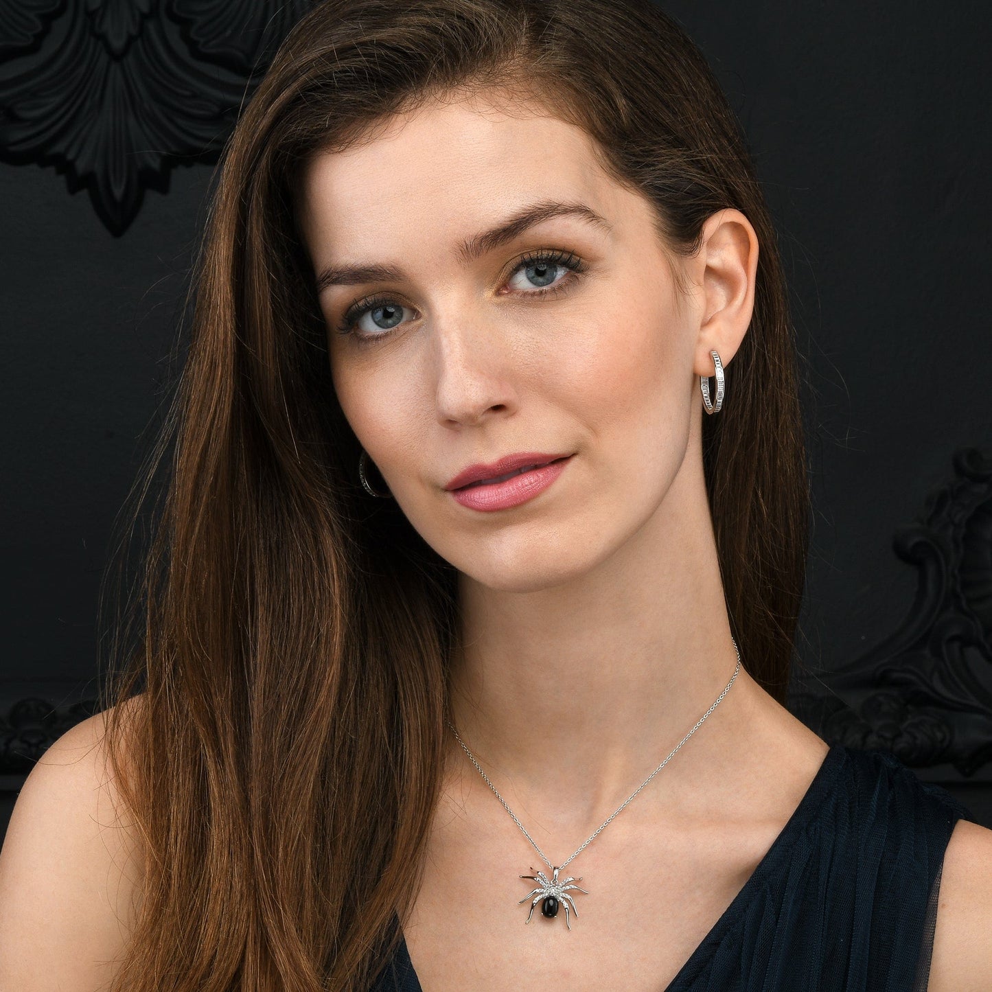 925 Sterling Silver Spider Pendant Necklace for Women with a Black Agate and Cubic Zirconia Stones