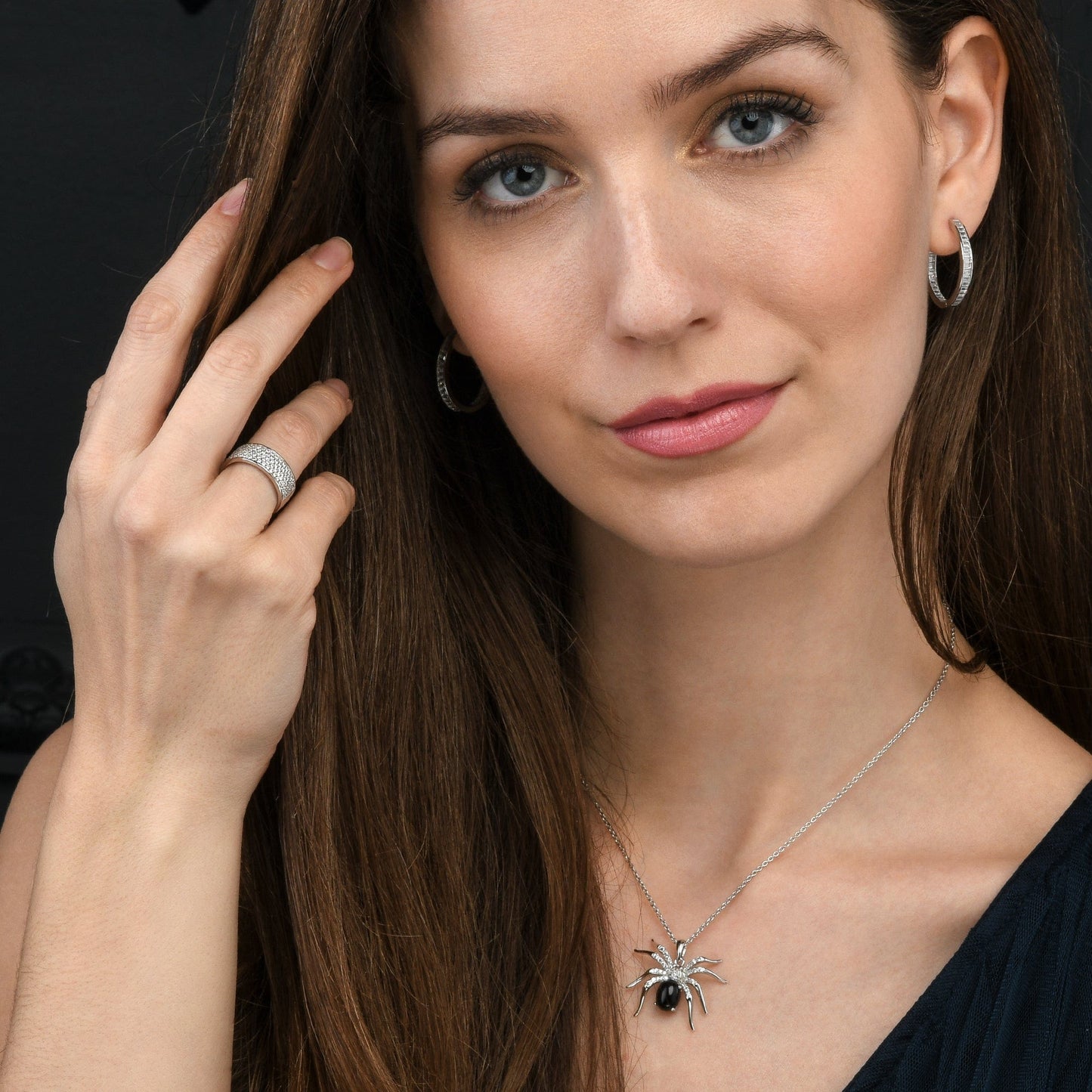 925 Sterling Silver Spider Pendant Necklace for Women with a Black Agate and Cubic Zirconia Stones