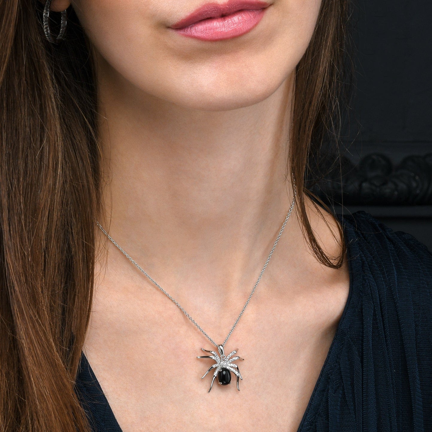 925 Sterling Silver Spider Pendant Necklace for Women with a Black Agate and Cubic Zirconia Stones