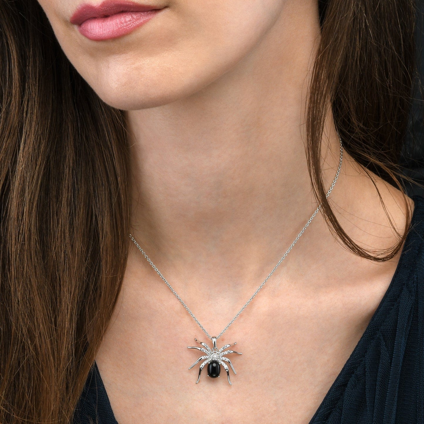 925 Sterling Silver Spider Pendant Necklace for Women with a Black Agate and Cubic Zirconia Stones