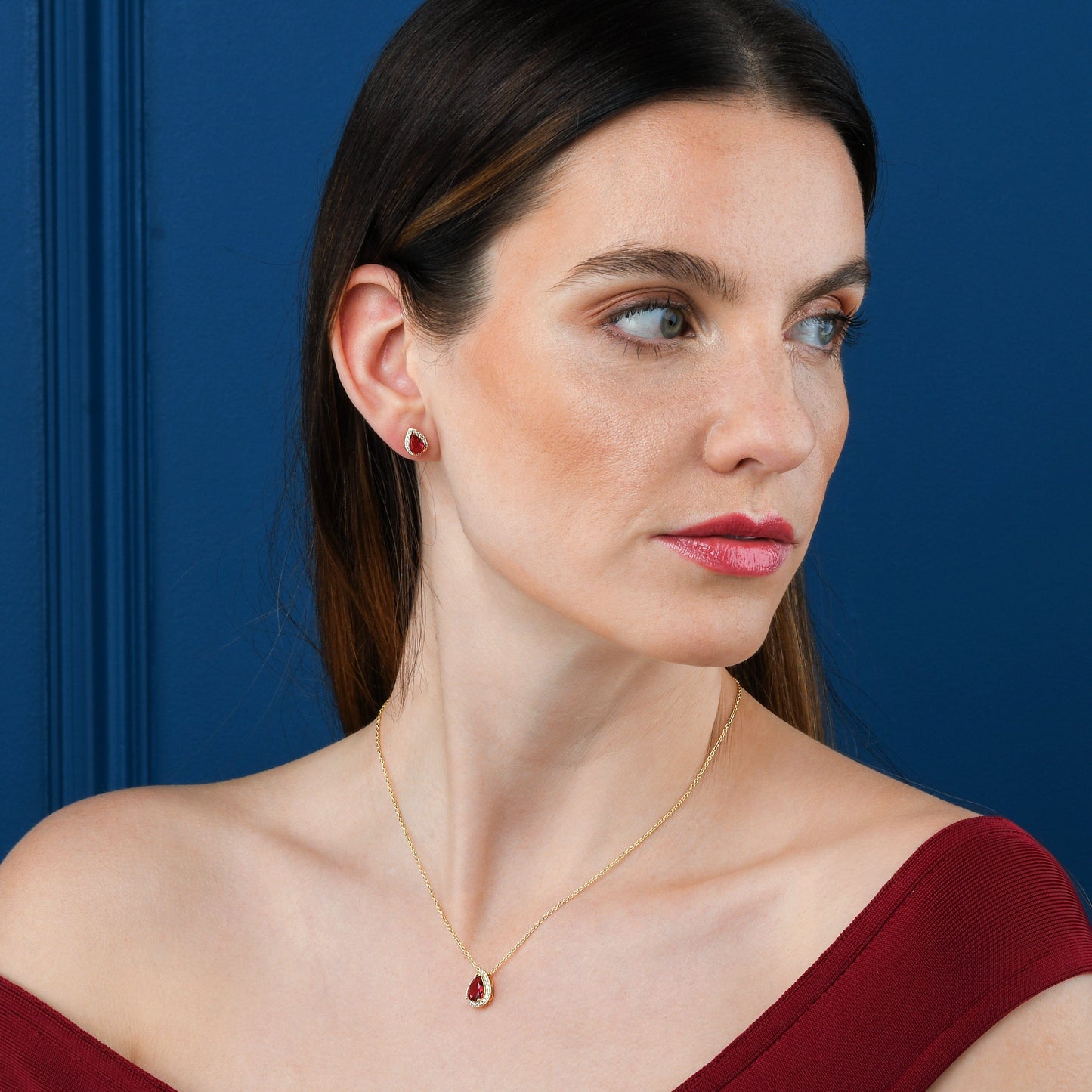 Gold Plated 925 Sterling Silver Red Pear Drop Halo Pendant Necklace for Women