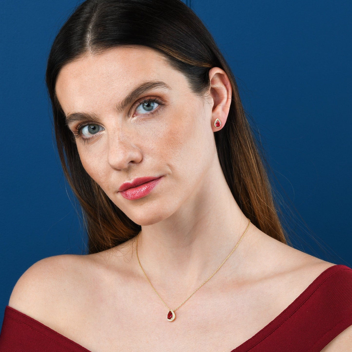 Gold Plated 925 Sterling Silver Red Pear Drop Halo Pendant Necklace for Women