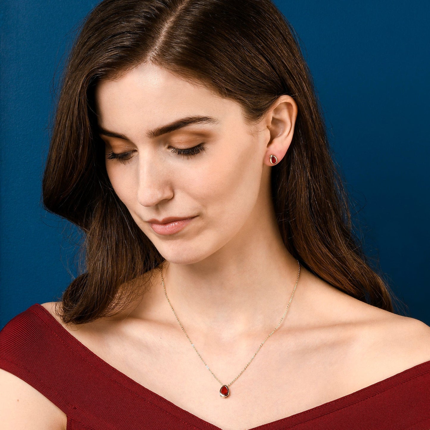 Gold Plated Red Pear Shaped Pendant Necklace with Red Cubic Zirconia Stone for Women