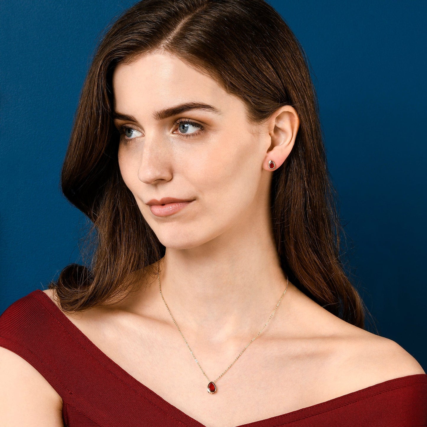 Gold Plated Red Pear Shaped Pendant Necklace with Red Cubic Zirconia Stone for Women