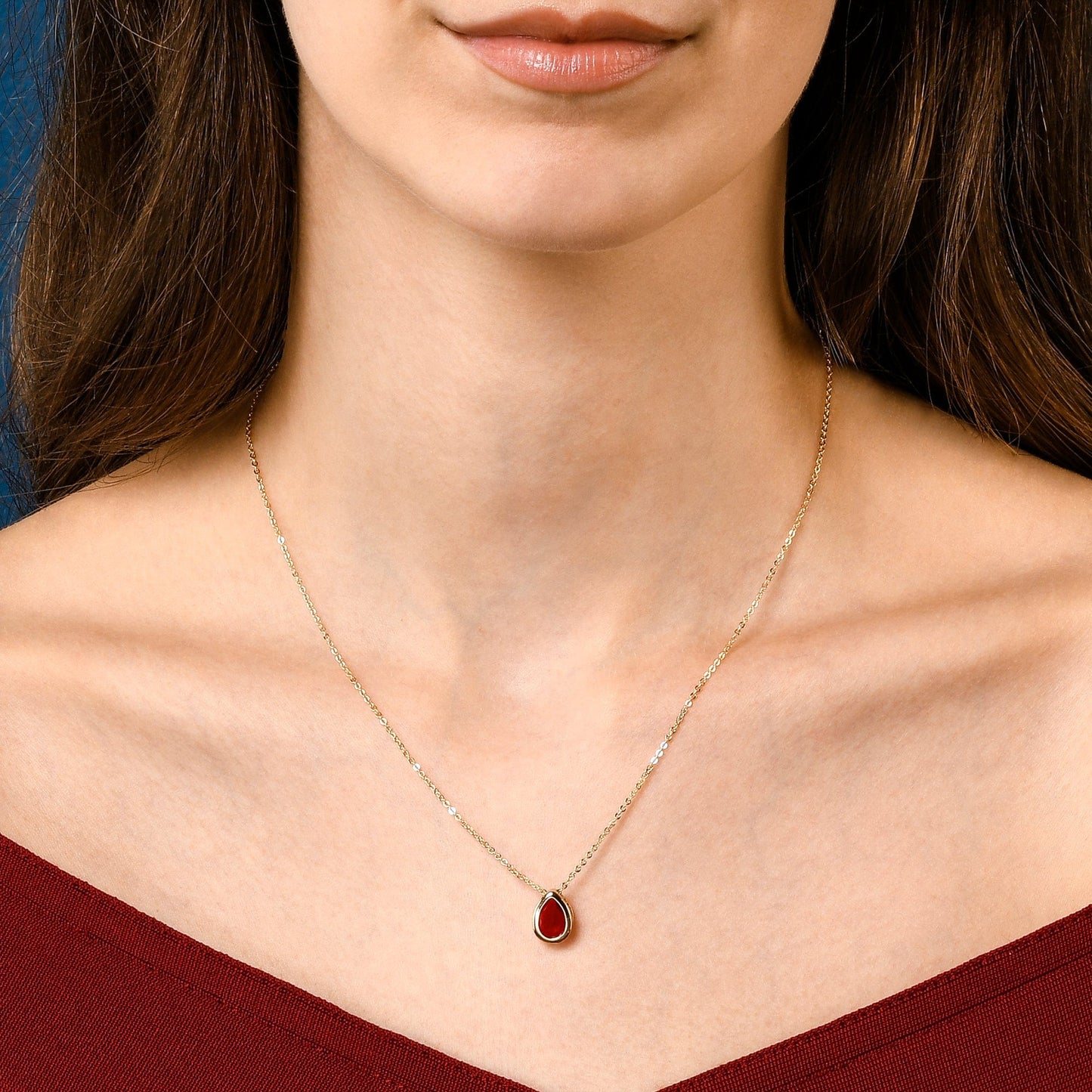 Gold Plated Red Pear Shaped Pendant Necklace with Red Cubic Zirconia Stone for Women