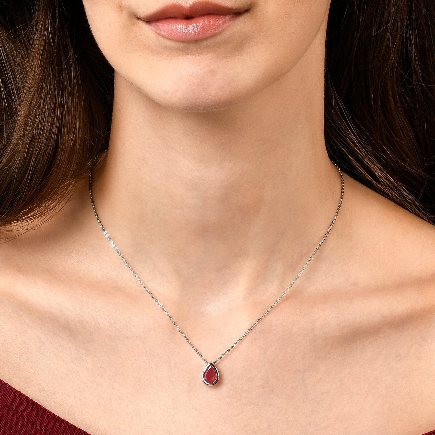 Red Pear Shaped Silver Pendant Necklace with Red Cubic Zirconia Stone for Women