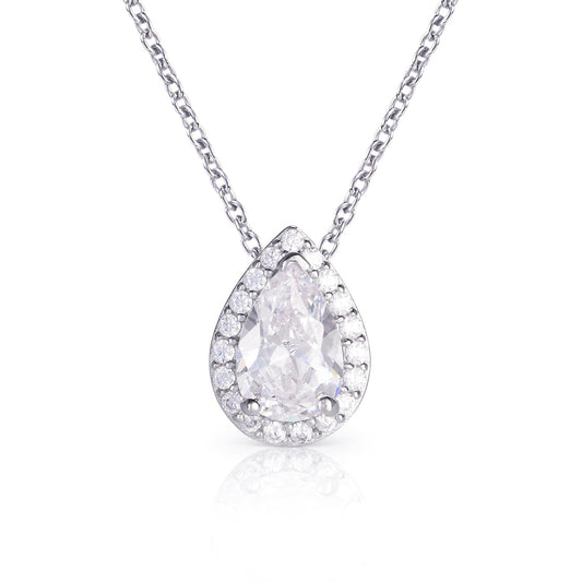925 Sterling Silver Pear Drop White Halo Pendant Necklace for Women