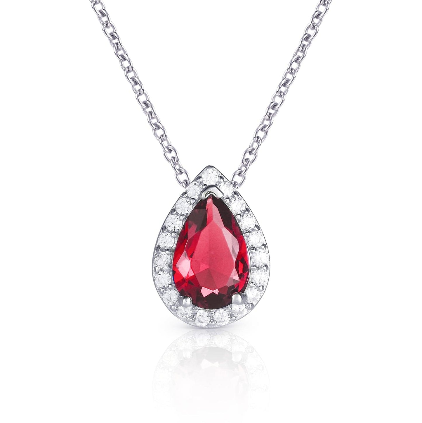 925 Sterling Silver Pear Drop Red Halo Pendant Necklace for Women