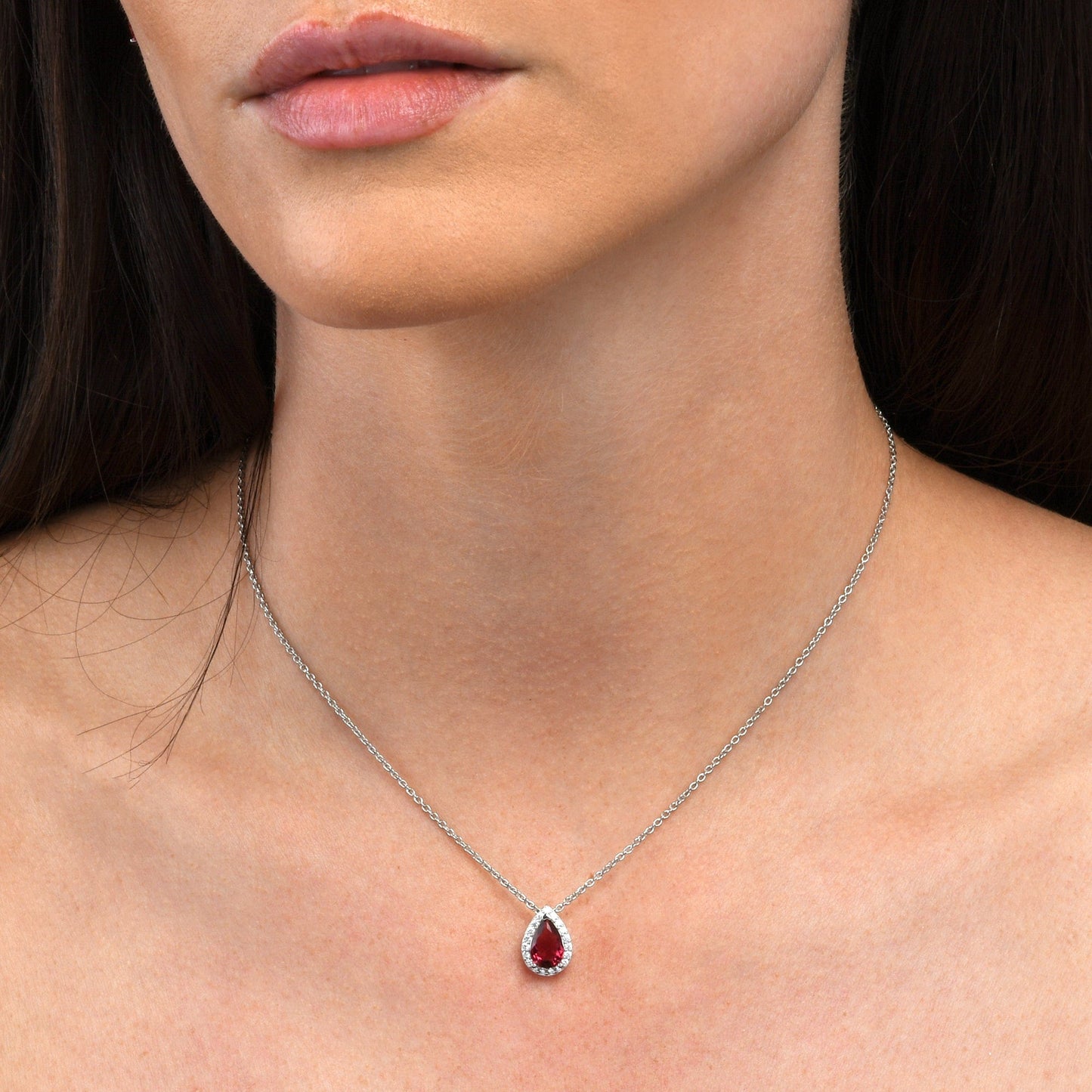 925 Sterling Silver Pear Drop Red Halo Pendant Necklace for Women