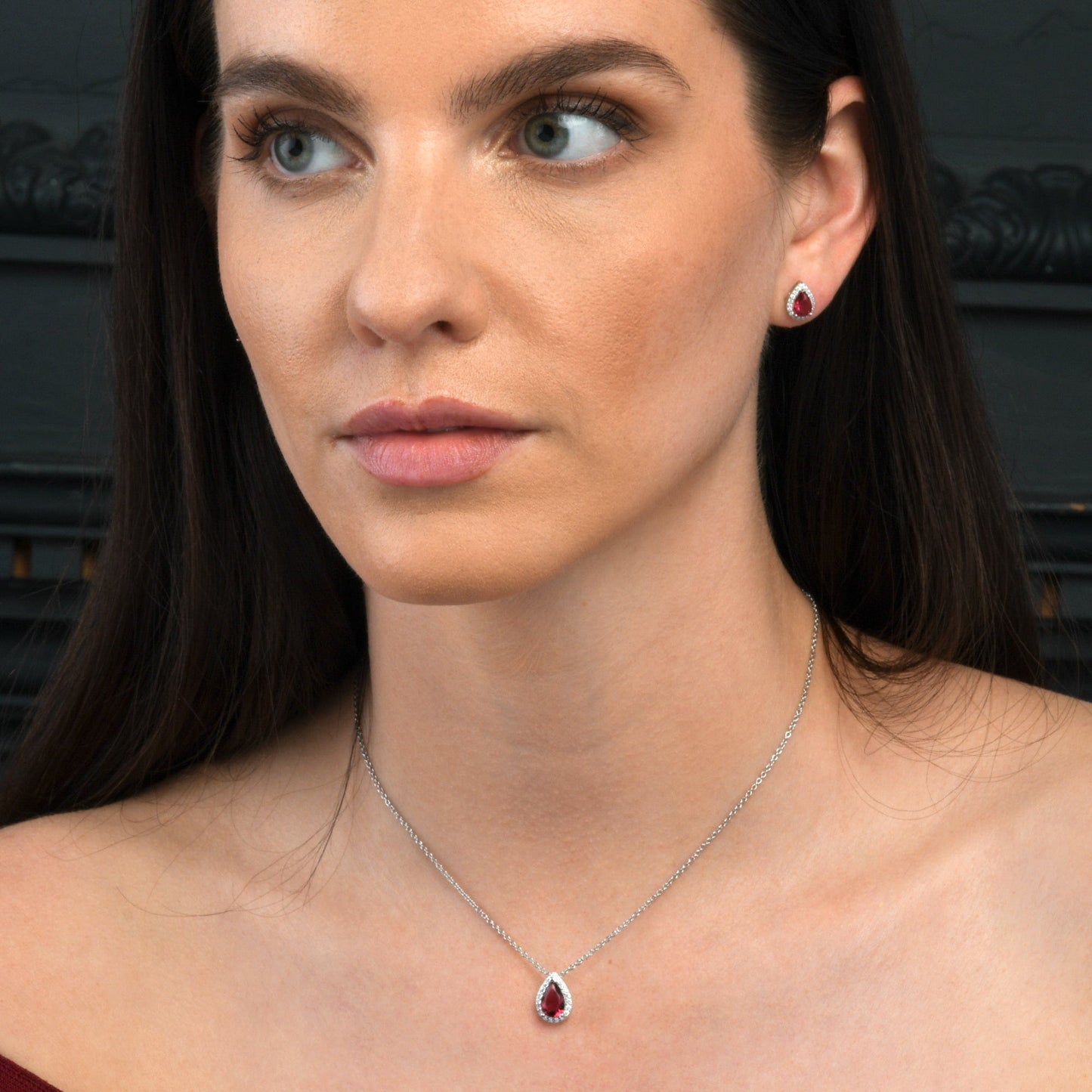 925 Sterling Silver Pear Drop Red Halo Pendant Necklace for Women
