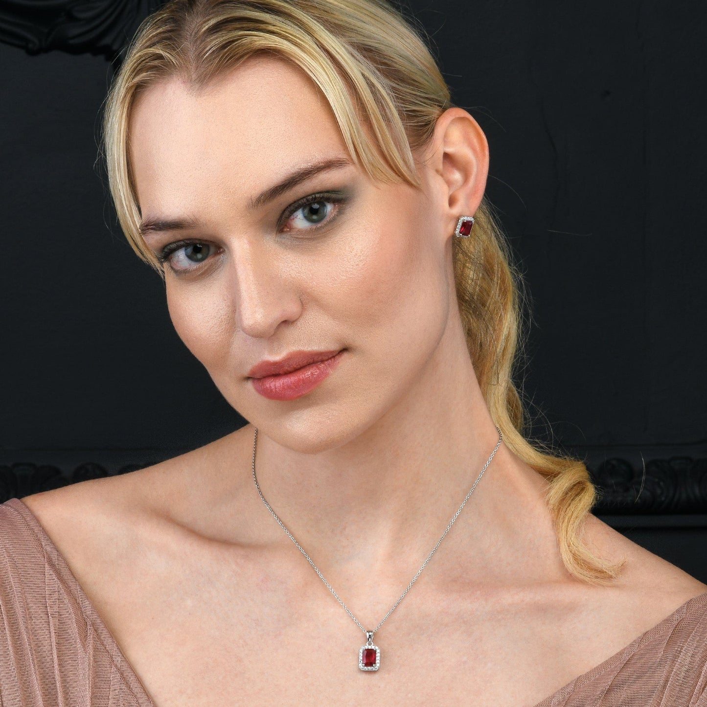 925 Sterling Silver Emerald Cut Red Halo Pendant Necklace For Women