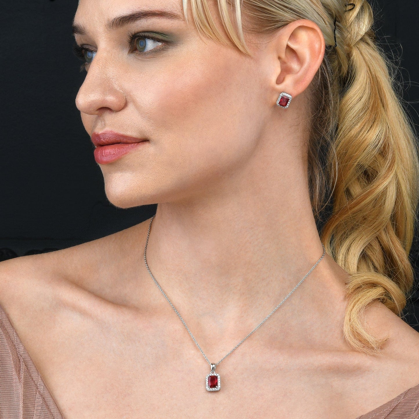 925 Sterling Silver Emerald Cut Red Halo Pendant Necklace For Women